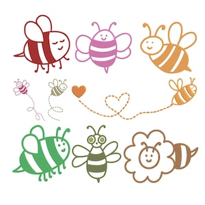 May include: A collection of embroidered bee designs in various colors including red, pink, orange, green, and brown. The set features bees with different expressions, flight paths represented by dashed lines, a small heart, and a flower shape.
