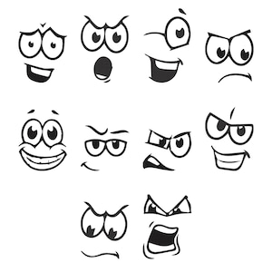 May include: A collection of cartoon face expressions in black and white. The expressions include smiling, angry, surprised, and other emotions. The image is a graphic illustration of various facial expressions.