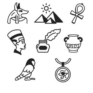 May include: Black and white line art illustrations of ancient Egyptian symbols. Includes Anubis, pyramids with sun, ankh, Nefertiti, inkwell with feather, vase, bird, and Eye of Horus pendant.
