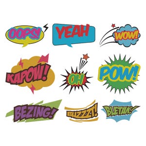 Puede incluir: Nueve bocadillos de cómic coloridos con palabras como "OOPS!", "YEAH", "WOW!", "KAPOW!", "OH", "POW!", "BEZING!", "BUZZZA!" y "BLETAK!". Cada bocadillo tiene una forma y una combinación de colores únicas, con texto en negrita y diseños dinámicos.