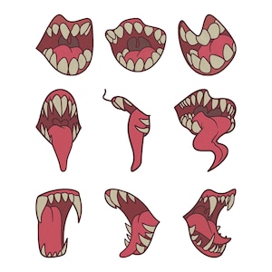 May include: A collection of nine cartoon illustrations of mouths with various expressions. The mouths are in shades of red and pink, with white teeth and some with tongues. The illustrations are on a white background.
