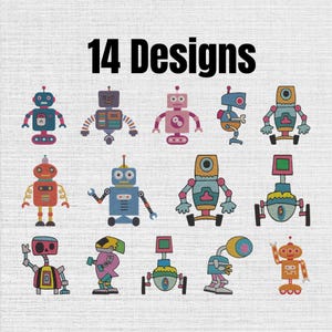 Puede incluir: Una colección de 14 ilustraciones de robots con diversas formas, tamaños y colores, incluyendo azul, rosa, naranja y verde. Cada robot presenta características mecánicas distintivas como antenas, ruedas y extremidades, en un conjunto.