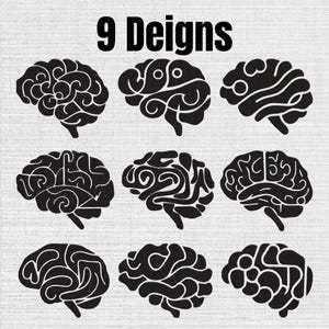 Puede incluir: Una colección de nueve siluetas de cerebro negras distintas dispuestas en una cuadrícula de tres por tres. Cada icono presenta patrones anatómicos estilizados únicos del cerebro humano. El texto 9 Deigns está impreso en negrita arriba.
