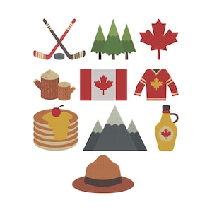 May include: A collection of Canadian-themed illustrations. Includes a red maple leaf, a Canadian flag, hockey sticks and puck, a red and yellow hockey jersey, green trees, a stack of pancakes with syrup and a cherry, a mountain range, a bottle of maple syrup, a log cabin, and a brown hat.