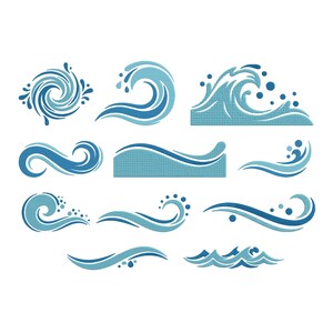Puede incluir: Una colección de diseños de olas azules en varios estilos. Las ilustraciones incluyen patrones de agua arremolinada, olas rompiendo con salpicaduras y crestas de olas estilizadas. Adecuado para proyectos náuticos o con temática oceánica.