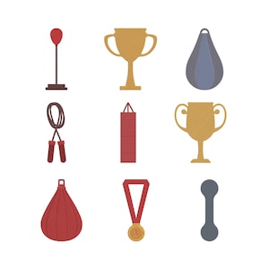 May include: Illustrations of fitness and boxing equipment. Features a red speed bag, gold trophy, blue teardrop bag, skipping rope, red punch bag, gold medal, and a dumbbell.