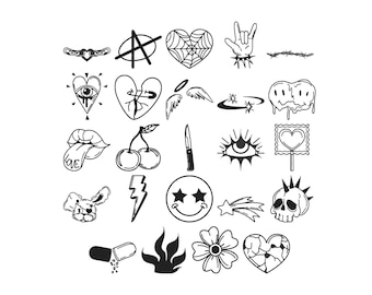 May include: A collection of twenty-five black and white line art tattoo designs arranged in a grid. The icons include a heart with a spiderweb, a melting smiley face, a skull, a knife, cherries, a lightning bolt, a pill, and various hearts.