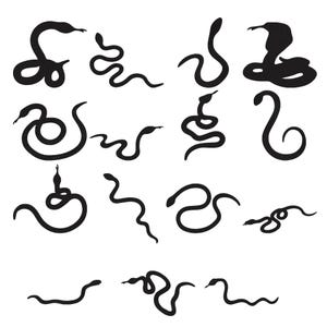 May include: A collection of fourteen black silhouettes of snakes in various poses and shapes, including coiled, slithering, and upright positions, arranged in a grid-like pattern against a plain white background.