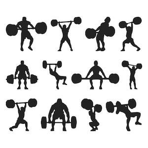 Puede incluir: Una colección de ilustraciones de siluetas negras que representan a levantadores de pesas en varias posiciones de levantamiento. Las imágenes muestran a atletas realizando ejercicios como el clean and jerk, la sentadilla y la prensa por encima de la cabeza con barras. Las figuras están sobre un fondo blanco.