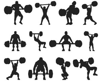 May include: A collection of black silhouette illustrations depicting weightlifters in various lifting positions. The images show athletes performing exercises such as the clean and jerk, squat, and overhead press with barbells. The figures are set against a white background.