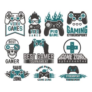 Puede incluir: Una colección de logotipos con temática de juegos en verde azulado y negro. Los diseños incluyen mandos, llamas y texto como "Video Games", "Pro Game", "Best Gamer" y "Game Zone". Ideal para jugadores y entusiastas de los juegos.