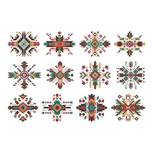 Puede incluir: Una colección de doce diseños geométricos de estilo suroeste. Cada diseño presenta una disposición simétrica de formas en tonos marrón, rojo, verde y amarillo, sobre un fondo blanco. Adecuado para diversos proyectos de manualidades.