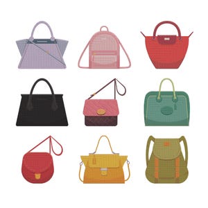 May include: A collection of nine handbags and backpacks in various styles and colors. The bags include a lavender tote, a pink backpack, a red tote, a black tote, a pink and brown crossbody bag, a teal duffel bag, a red crossbody bag, a yellow satchel, and a green backpack.