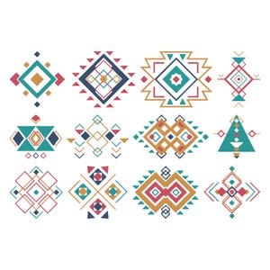 May include: A collection of twelve geometric tribal designs in teal, red, navy, and gold. The designs feature diamond, square, and triangular shapes, arranged in symmetrical patterns. The designs are set against a white background.