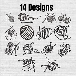 May include: A collection of 14 black line art designs featuring yarn balls, knitting needles, and crochet hooks. The illustrations include various arrangements of yarn, heart shapes, and woven patterns, all presented on a light textured background.
