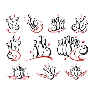 Könnte beinhalten: Eine Sammlung von Bowling-Illustrationen in Schwarz und Rot. Die Designs zeigen Bowlingkegel, Bowlingkugeln und Sternen-Akzente. Einige Illustrationen zeigen die Kugel in Bewegung, andere zeigen umgestoßene Kegel.