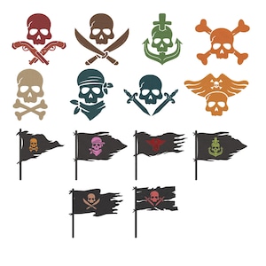 May include: A collection of fourteen pirate-themed graphic icons featuring skulls, crossbones, swords, anchors, and flags. The designs include various skull motifs paired with weapons or nautical symbols, rendered in red, brown, green, orange, and black.