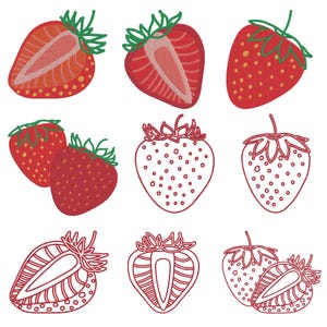 May include: A collection of strawberry embroidery designs featuring various styles including solid red whole strawberries, halved strawberries with visible seeds and flesh, and red outline versions of whole and sliced strawberries with green stems.