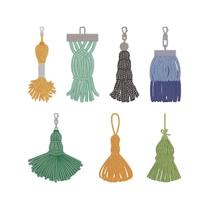 May include: An illustration of eight decorative tassels in various colors and designs. The tassels include yellow, green, black, and blue, with different textures and attachment styles. Some have metal clasps.