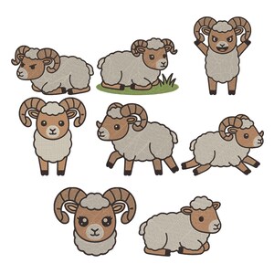 Puede incluir: Una colección de ocho ilustraciones de carneros de estilo caricatura con caras de color marrón claro, cuernos curvados y cuerpos de lana texturizada de color blanco roto. Los carneros aparecen en varias posturas, sentado, de pie y corriendo.