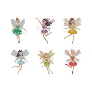 May include: Six embroidered fairy designs in various colors. Each fairy has detailed wings and is dressed in a different colored outfit, including green, purple, yellow, blue, and red. The fairies are depicted in different poses, some holding wands or sprinkling sparkles.