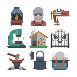 May include: A collection of nine flat-style illustrations related to blacksmithing. The images include a forge with flames, a blacksmith, tools, a workshop, a gate, a press, an anvil with a hammer, an apron and gloves, and a horseshoe in water.