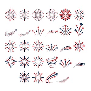 May include: A collection of red and blue firework icons arranged in a grid. The set features various designs including starbursts, radiating lines, curved trails, and rocket shapes, all rendered in a patriotic color scheme on a white background.