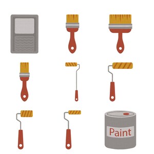 May include: An illustration of painting supplies, including paint brushes, paint rollers, a paint tray, and a paint can. The brushes and rollers have orange handles and yellow bristles. The paint can is gray with the word "Paint" in red.