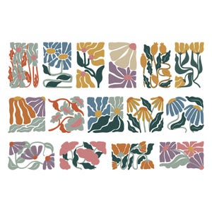 Puede incluir: Una colección de dieciséis diseños florales en un patrón de cuadrícula. Cada diseño presenta flores estilizadas en varios colores, incluyendo azul, amarillo, naranja y morado, sobre un fondo blanco. Los diseños recuerdan ilustraciones botánicas vintage.