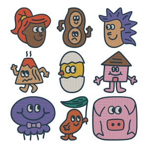 May include: Nine cartoon characters with smiling faces and various designs. The characters include a girl with red hair, a peanut, a hedgehog, a volcano, a chick hatching from an egg, a house, a jellyfish, a bean holding a leaf, and a pig.