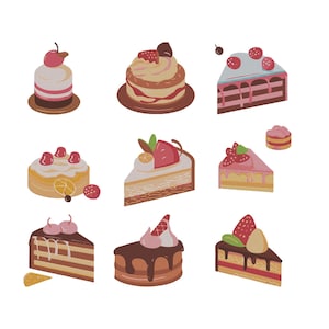 Puede incluir: Ilustración de varios pasteles y porciones de pastel. Los pasteles están decorados con cerezas, fresas y chocolate. La imagen está sobre un fondo blanco.
