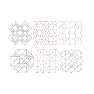 May include: A collection of six distinct square stencils featuring intricate geometric patterns. The designs include various arrangements of lines, circles, octagons, and star-like shapes, all rendered in thin, dark outlines on a plain white background.
