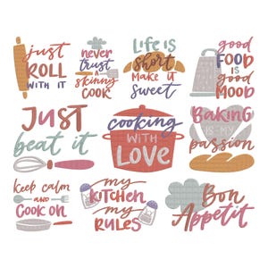 Könnte beinhalten: Eine Sammlung farbenfroher Designs zum Thema Küche mit Sätzen wie „Just Roll With It“, „Cooking With Love“ und „Baking Is My Passion“. Das Bild enthält Illustrationen von Küchenutensilien und Lebensmitteln.