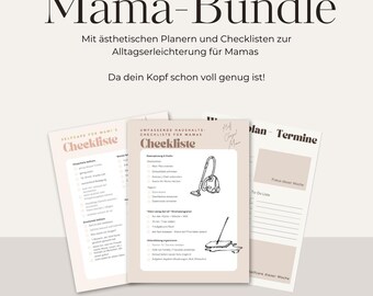 Könnte beinhalten: Ein Bundle aus druckbaren Checklisten und Planern für Mütter, mit dem Text "Mama-Bundle" oben. Das Bild zeigt drei Blätter mit Text und Illustrationen, darunter eine Checkliste für die Selbstpflege und eine Haushaltscheckliste. Der Markenname "HalfChargedMama" steht unten.