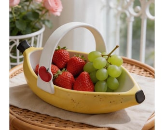 特注バナナ型セラミック製フルーツバスケット、リンゴのアクセントハンドルが付いた手作りの黄色いサービングボウル