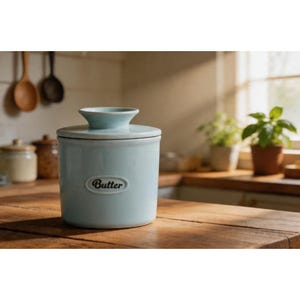 May include: A light blue ceramic butter dish with a lid, sitting on a wooden surface. The dish has the word "Butter" embossed on the front. The background includes a kitchen setting with wooden spoons and plants.