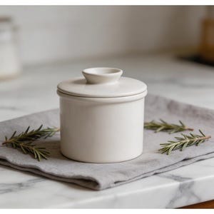 Puede incluir: Una mantequera de cerámica color crema con tapa, colocada sobre una servilleta de lino gris. El plato tiene forma cilíndrica con un pequeño pomo en la tapa. Ramitas de romero se colocan alrededor del plato.