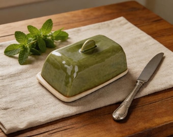 Custom Speckled Ceramic Butter Dish with Lid, Embossed "BUTTER" Keeper for Kitchen & Dining