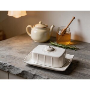 Customizable White Ceramic Butter Dish with Lid | Embossed Sunburst Shell Knob Butter Keeper RectangularStorage Container for Kitchen Baking
