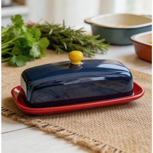 May include: A navy blue butter dish with a red base, topped with a yellow knob. The dish sits on a burlap surface, with green herbs in the background. A kitchenware item.