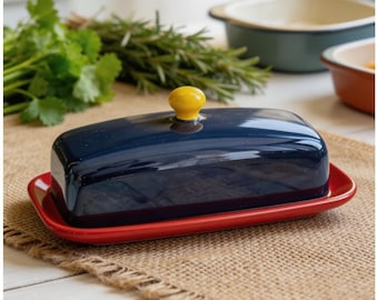 Customizable Retro Ceramic Butter Dish | Navy, Red, Yellow Color-Block Container