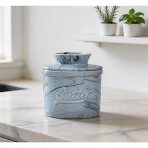 Custom Marble Swirl Ceramic French Butter Crock, Water-Seal Butter Keeper in Blue & White