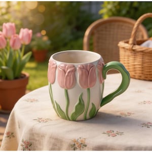 May include: A white ceramic mug with pink tulip designs and a green handle. The mug is set on a floral tablecloth, with a garden setting in the background. The mug is a charming addition to any kitchen.