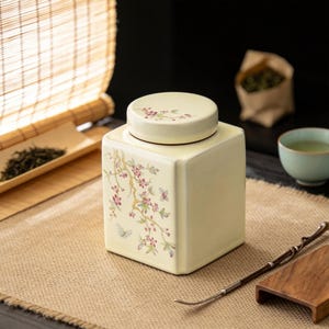 May include: A cream-coloured ceramic tea caddy with a square shape and a matching lid. The caddy is adorned with a floral and butterfly pattern in pink, green, and purple. A tea scoop and a small bowl of tea are also visible.