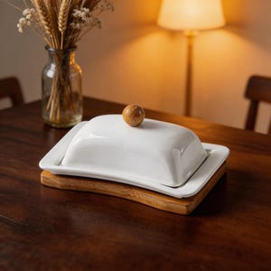 May include: A white ceramic butter dish with a wooden knob on top, resting on a rectangular wooden base. The dish is on a dark wooden table, with a vase of wheat stalks in the background.