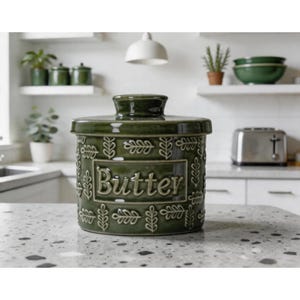 Op de afbeelding: Een donkergroene keramische boterdoos met een deksel, met het woord "Butter" in een rechthoekig kader. De doos is versierd met bladerpatronen en staat op een gespikkelde aanrecht. Keukengerei.