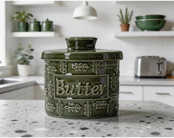 Custom Embossed Ceramic French Butter Crock, Vintage Water-Seal Butter Keeper in 4 Warm Colors