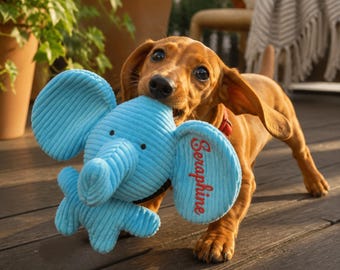 Gepersonaliseerd hondenspeelgoed: pluche olifant van corduroy met geborduurde naam, kauwspeeltje voor kleine honden en puppy's.