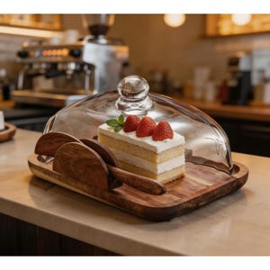 Custom Acacia Wood Dessert Tray with Glass Dome, Rectangular Butter & Cake Display Dish with Lid