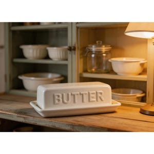 Anpassningsbar vit keramisk smörskål | Präglad förvaringsbehållare i vintagestil för kök